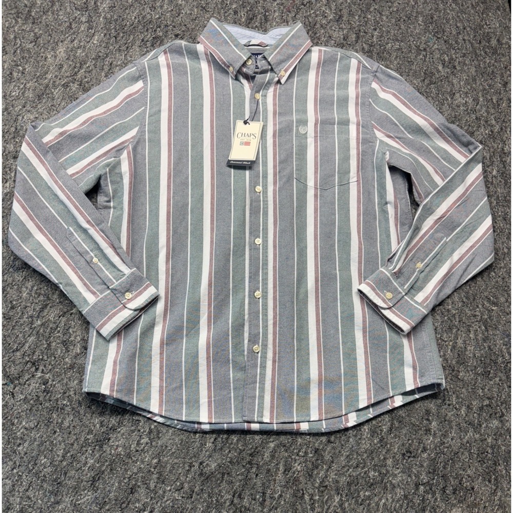 Chaps Mens XL Seacoast Wash Long Sleeve Oxford Woven Striped Shirt Evergreen New